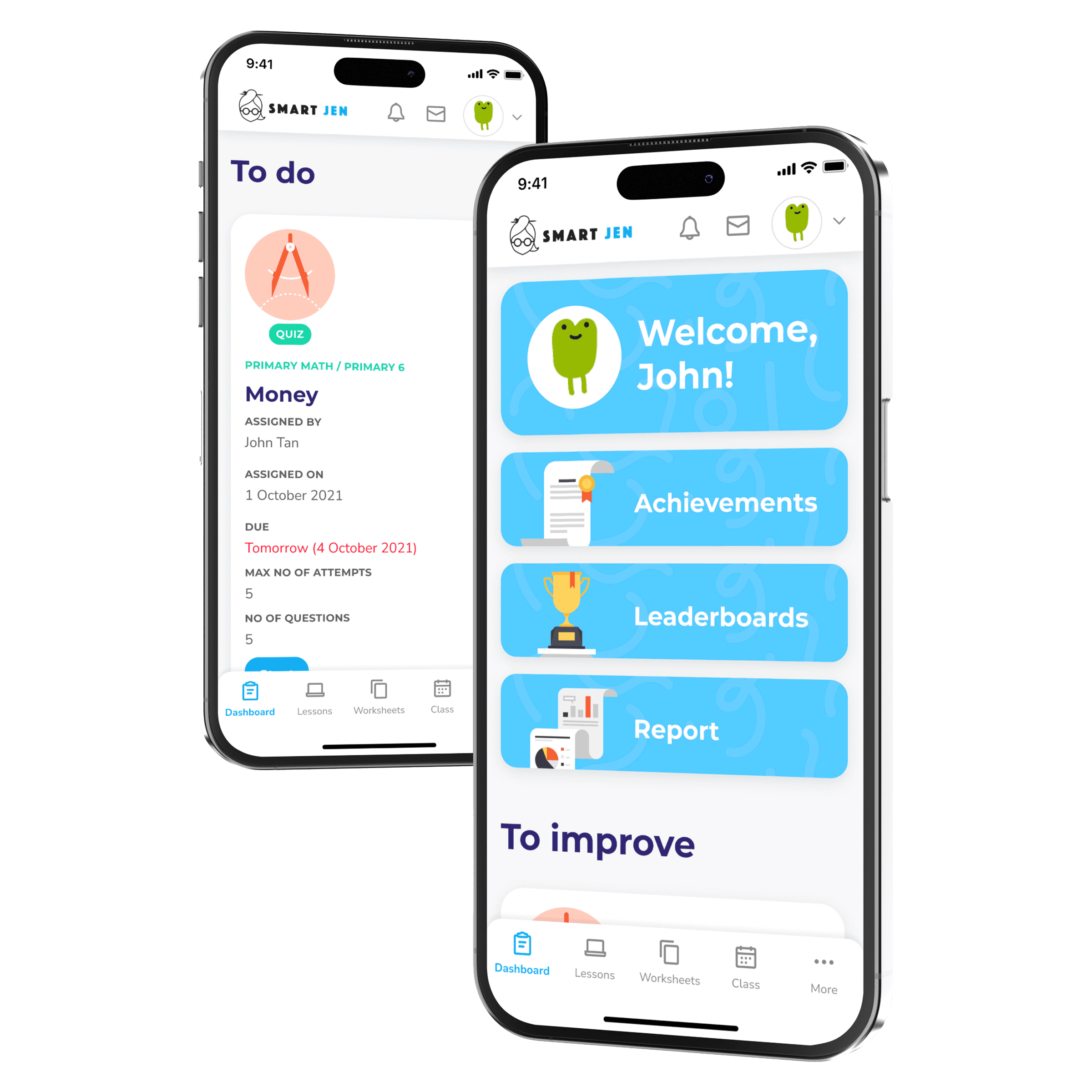 Two phone screens displaying the mobile version of SmartJen's dashboard design, showcasing its user interface and features