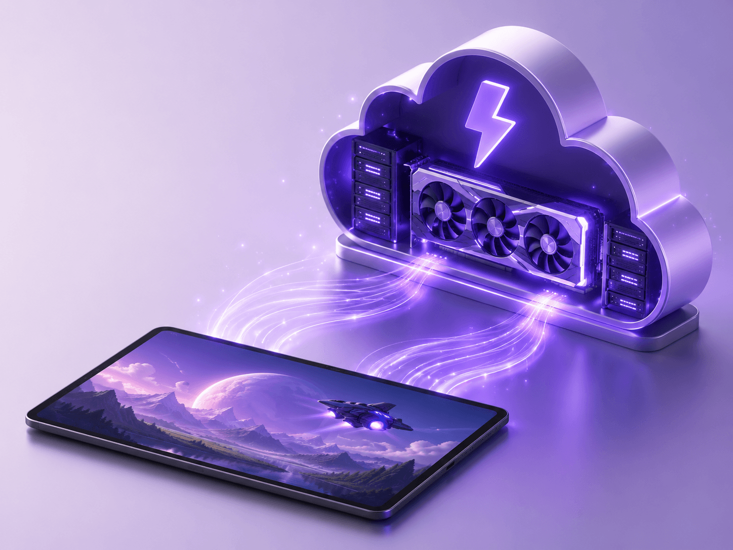 Cloud GPU server sending glowing purple computing streams to a tablet displaying a high-quality 3D scene.