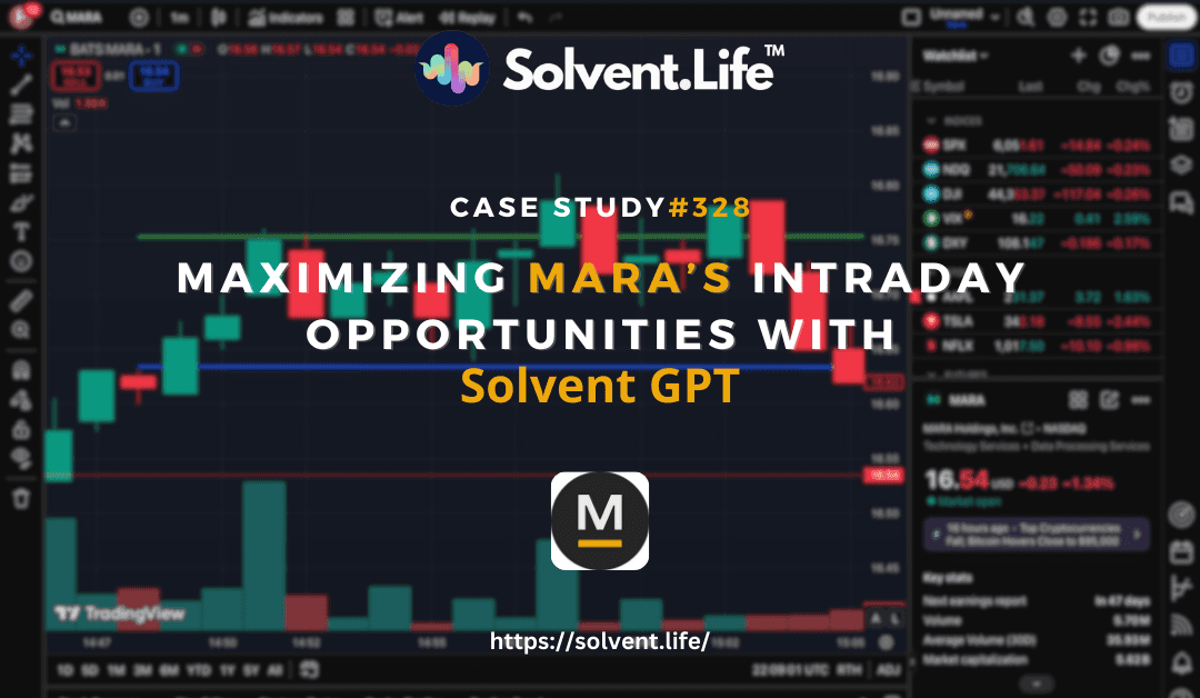 Solvent GPT AI trading bot analysis and MARA candlestick chart showcasing real-time entry and exit points for intraday trading.