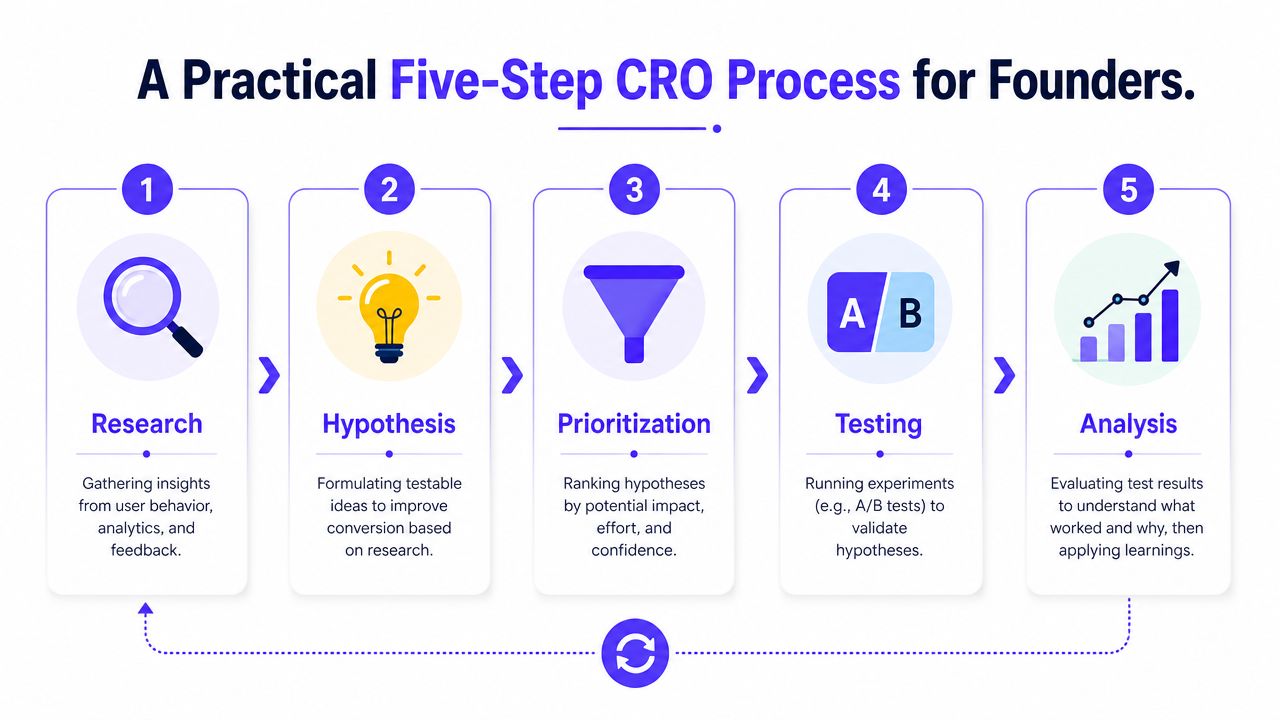An infographic showing a practical five-step conversion rate optimization process for business founders and marketers.