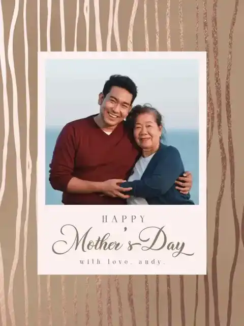 Elegant 'Happy Mother's Day' card template in warm brown tones with a mom and son photo