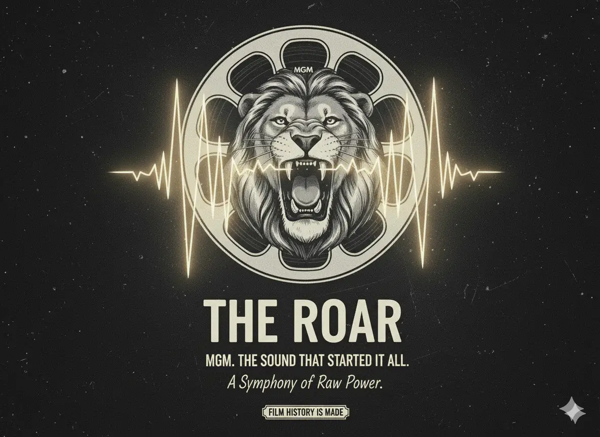 A striking vintage illustration of the roaring MGM lion, 'Leo,' set within a classic film reel. Golden sound waves and musical notes powerfully radiate from the lion, symbolizing its iconic, dramatic sonic branding from film history