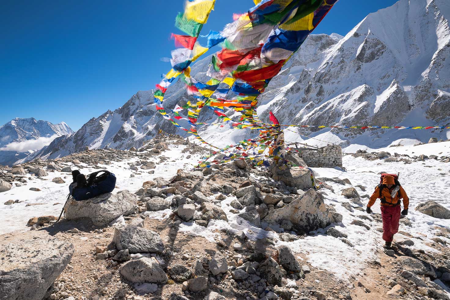 The picture shows a scene while crossing Larkya La Pass.