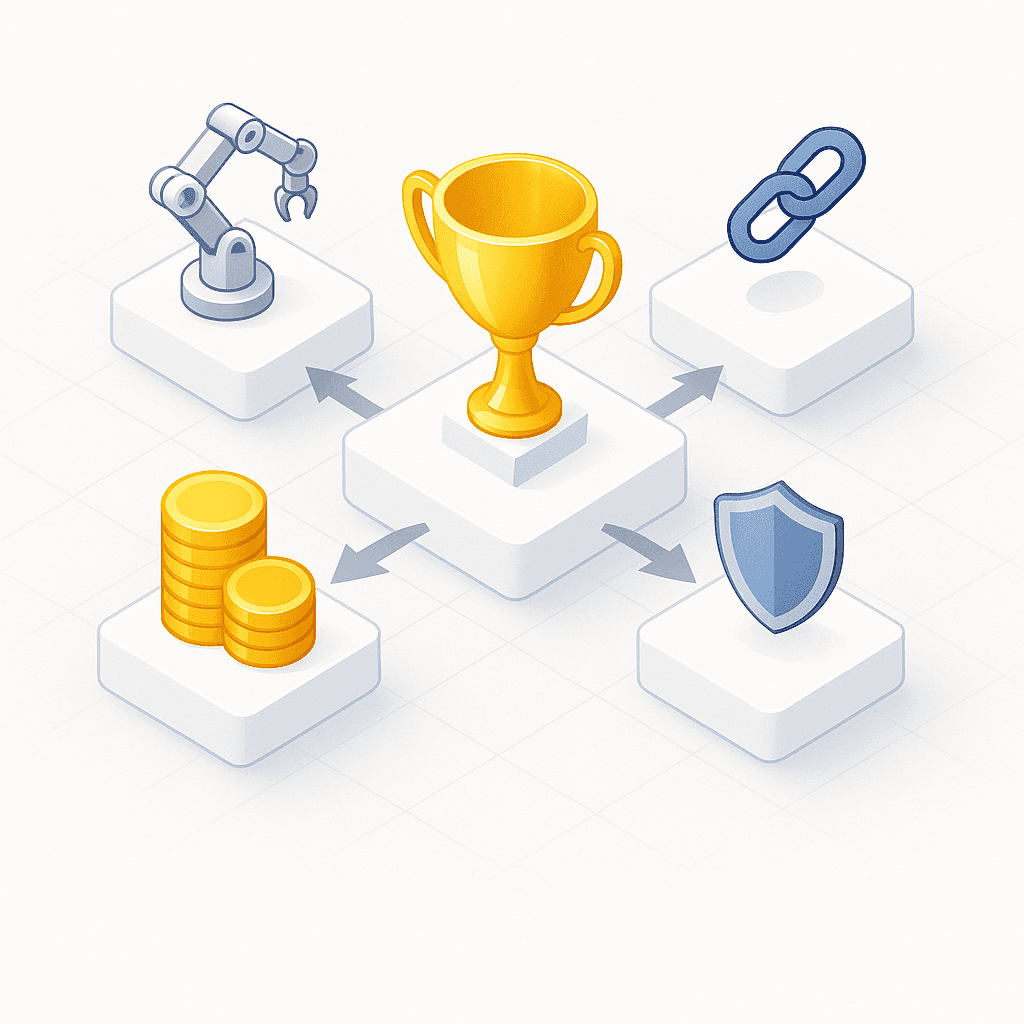 Four symbolic pillars feeding into a central trophy, illustrating GEO platform ranking criteria