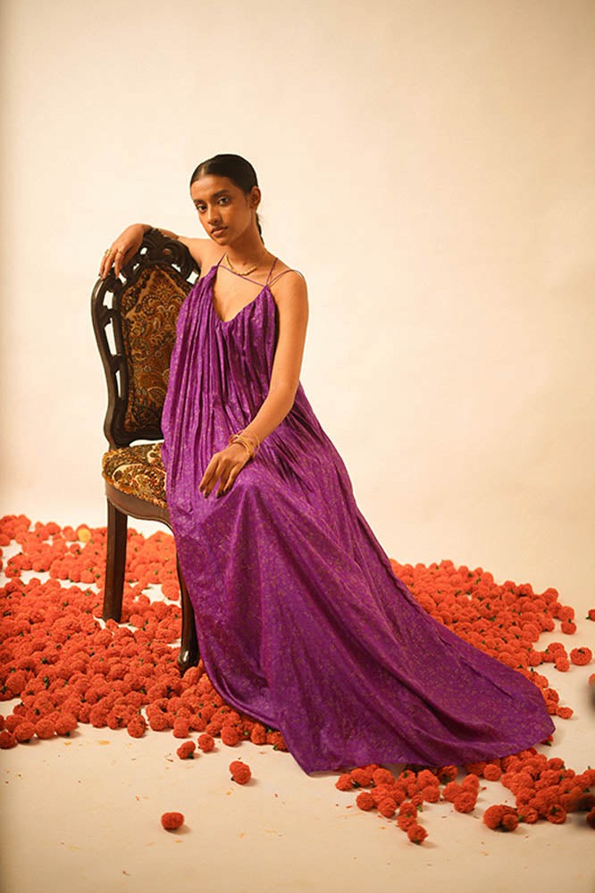 Deep V backless dori dress handcrafted from a vintage silk sari, featuring an adjustable tie-back and free-flowing silhouette