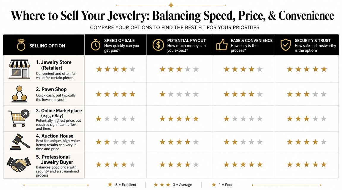A comparison chart showing five ways to sell jewelry with ratings for speed, payout, convenience, and security.