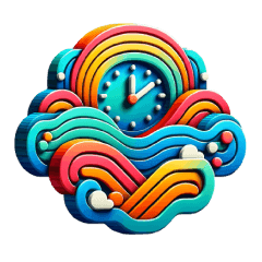 A blue abstract clock with colourful lines around it