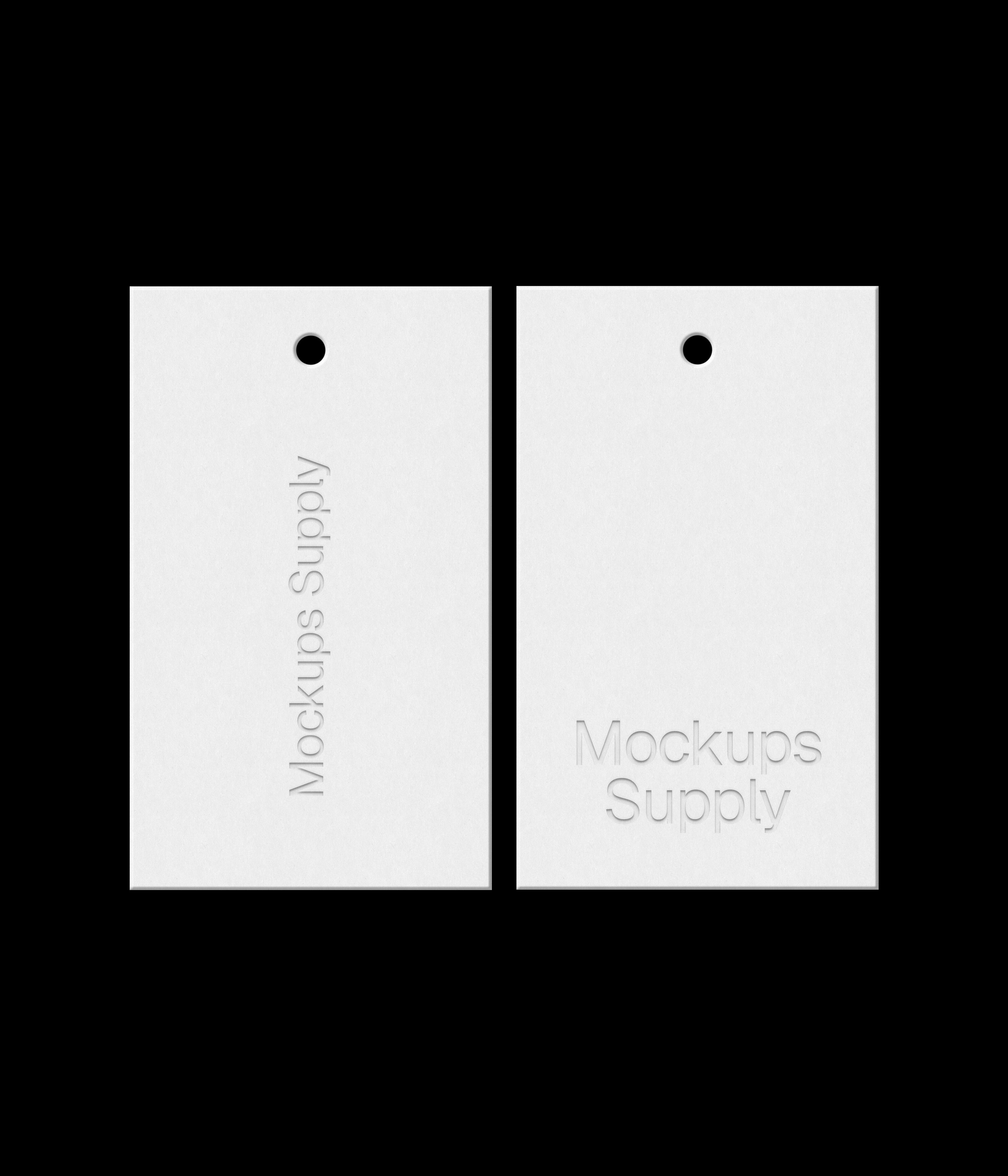 Two white 3x5 hang tags mockup on black background with debossed logo effect for Photoshop download psd