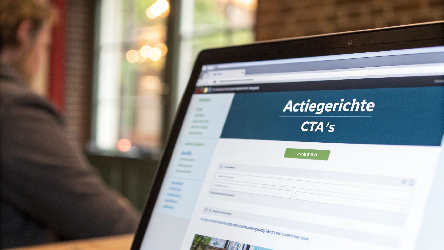 Een vergrootglas gericht op een websiteknop, wat de focus op microcopy en call-to-actions symboliseert.