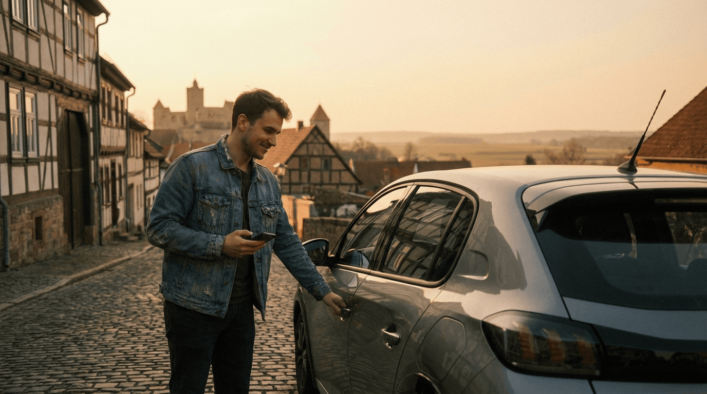 two people looking at a tablet and smiling