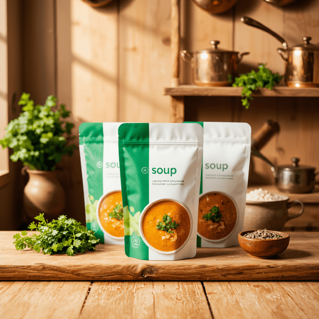 product photography of pack of soup pouches