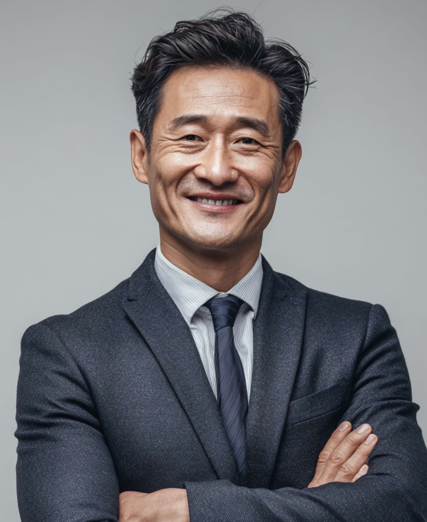 Smiling man in a gray suit with a striped tie, standing confidently with arms crossed against a plain background. The tone is professional and approachable.