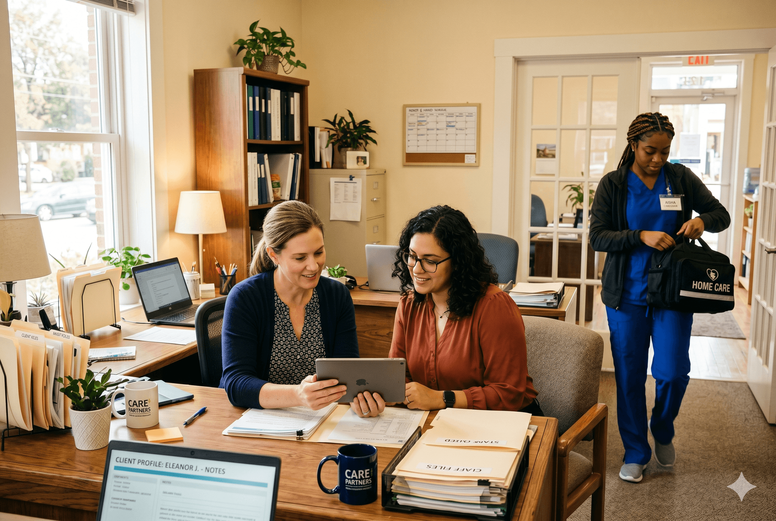 A small home care agency office with two people reviewing client notes on a tablet, caregiver in scrubs visible in the background preparing to visit a client’s home, warm natural light, modern but modest workspace. Shot on Fujifilm X-T4, aspect ratio 3:2