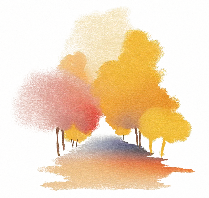 Watercolor illustration of a pathway surrounded by trees