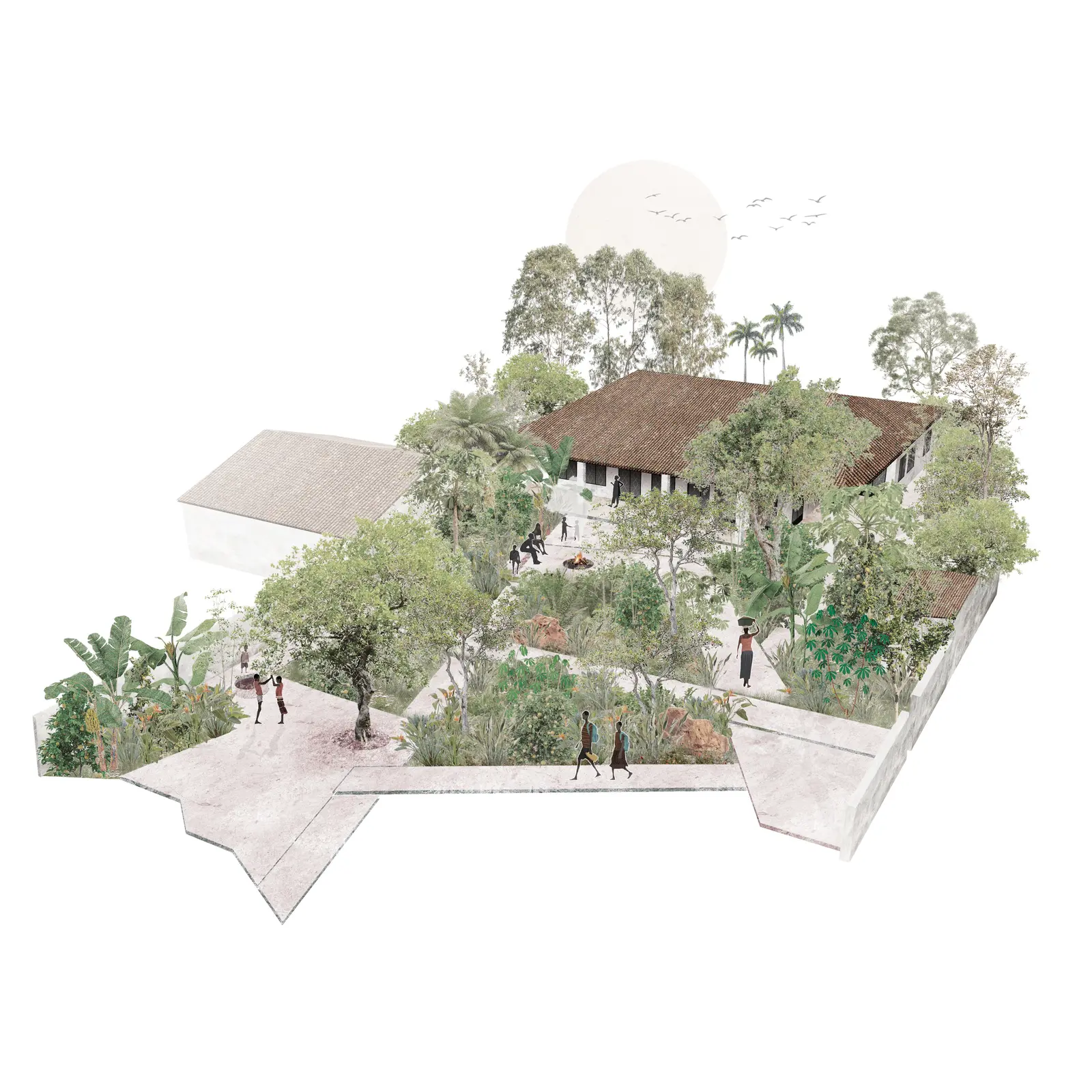 Aerial view illustration of a landscaped area featuring trees, pathways, and a central building for gathering.