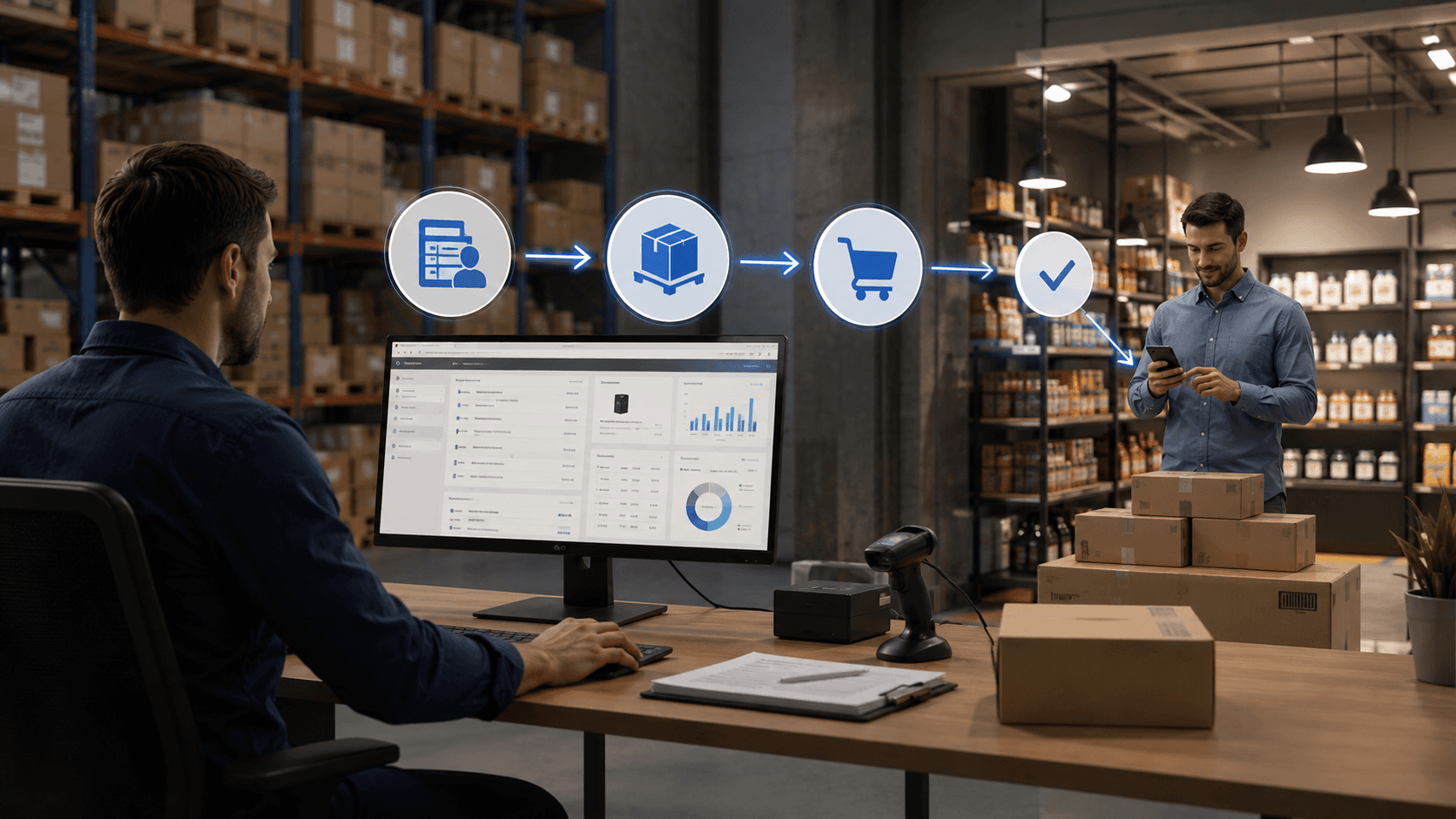 Ilustração 3D realista em formato 16:9 mostrando uma operação B2B integrada para distribuidoras que utilizam Tiny ERP. Em um centro de distribuição moderno, um operador acompanha pedidos em um dashboard profissional no computador enquanto lojistas realizam compras digitais em diferentes dispositivos. Elementos visuais sutis mostram sincronização automática de estoque, tabelas de preço por empresa/CNPJ e pedidos entrando automaticamente no sistema ERP. Ambiente corporativo moderno, iluminação cinematográfica suave, visual tecnológico e organizado, sem texto na imagem.