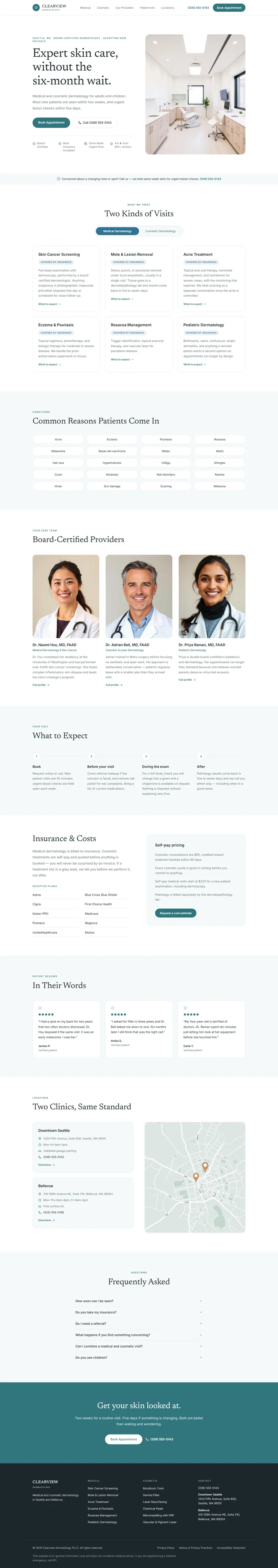 Full dermatology clinic website design: clinic hero, treatments, providers, insurance, locations