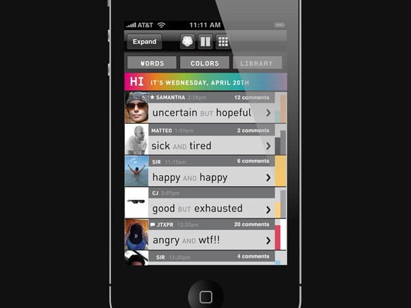 The image shows a screenshot of a mobile phone displaying a social media app interface. The app features a search bar at the top with the word "WORDS" selected. Below the search bar, a list of trending words is displayed, including "uncertain," "sick and tired," "happy and happy," "good but exhausted," and "angry and wtf!!". The "COLORS" option is visible at the top right. The time displayed on the phone is 11:11 AM, and the carrier is AT&T. The app interface includes icons for expanding and collapsing sections, as well as a library icon in the top right corner. Several profile pictures are visible along the left side of the screen.