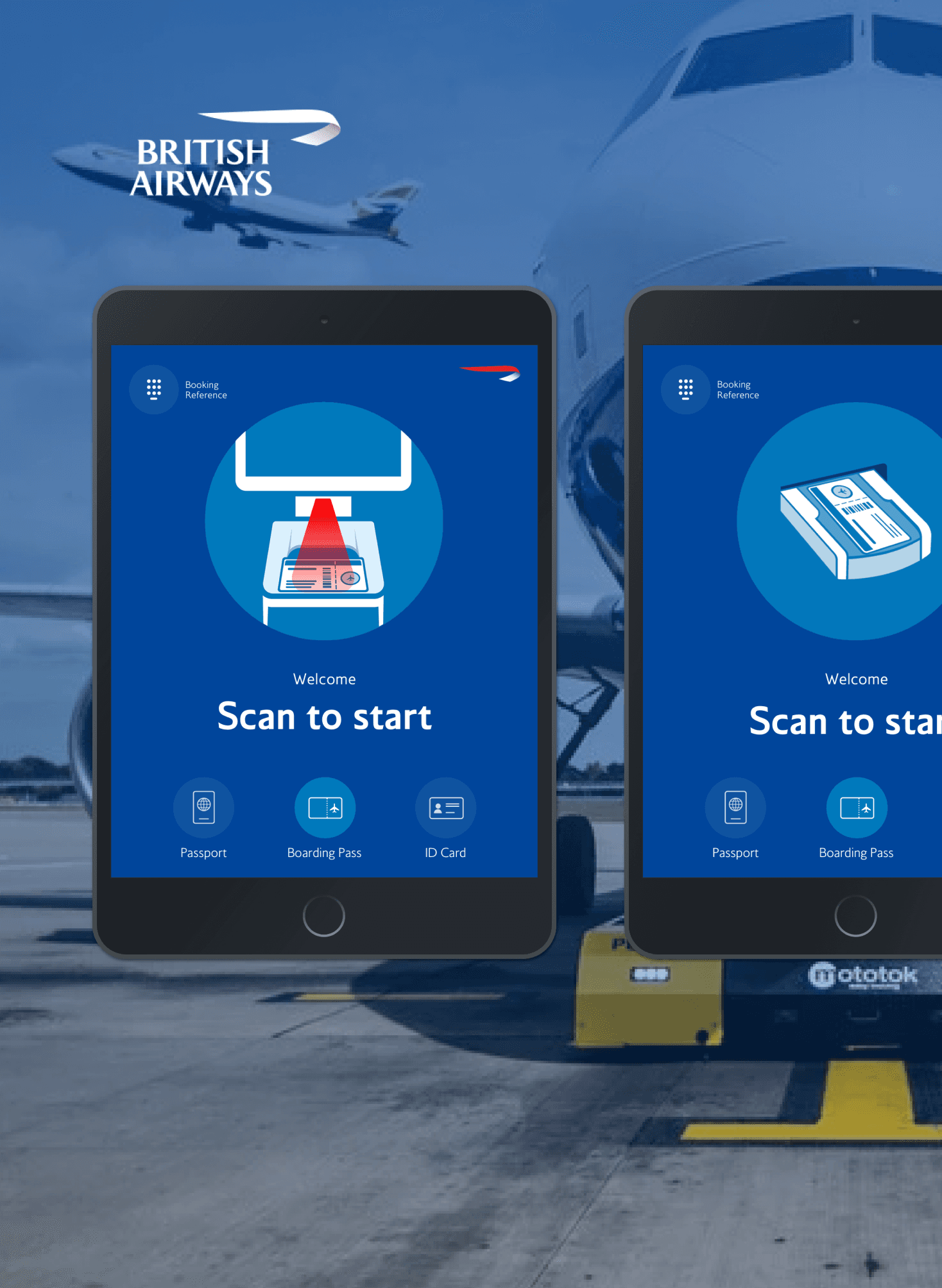 Project tile for British Airways showing a plane and a digital kiosk screen with the “Scan to start” interface. The design represents the redesigned self-service kiosk experience at Heathrow Terminal 5, created to help passengers quickly find gates, print boarding passes and complete their journey independently through a clear, visual interface.