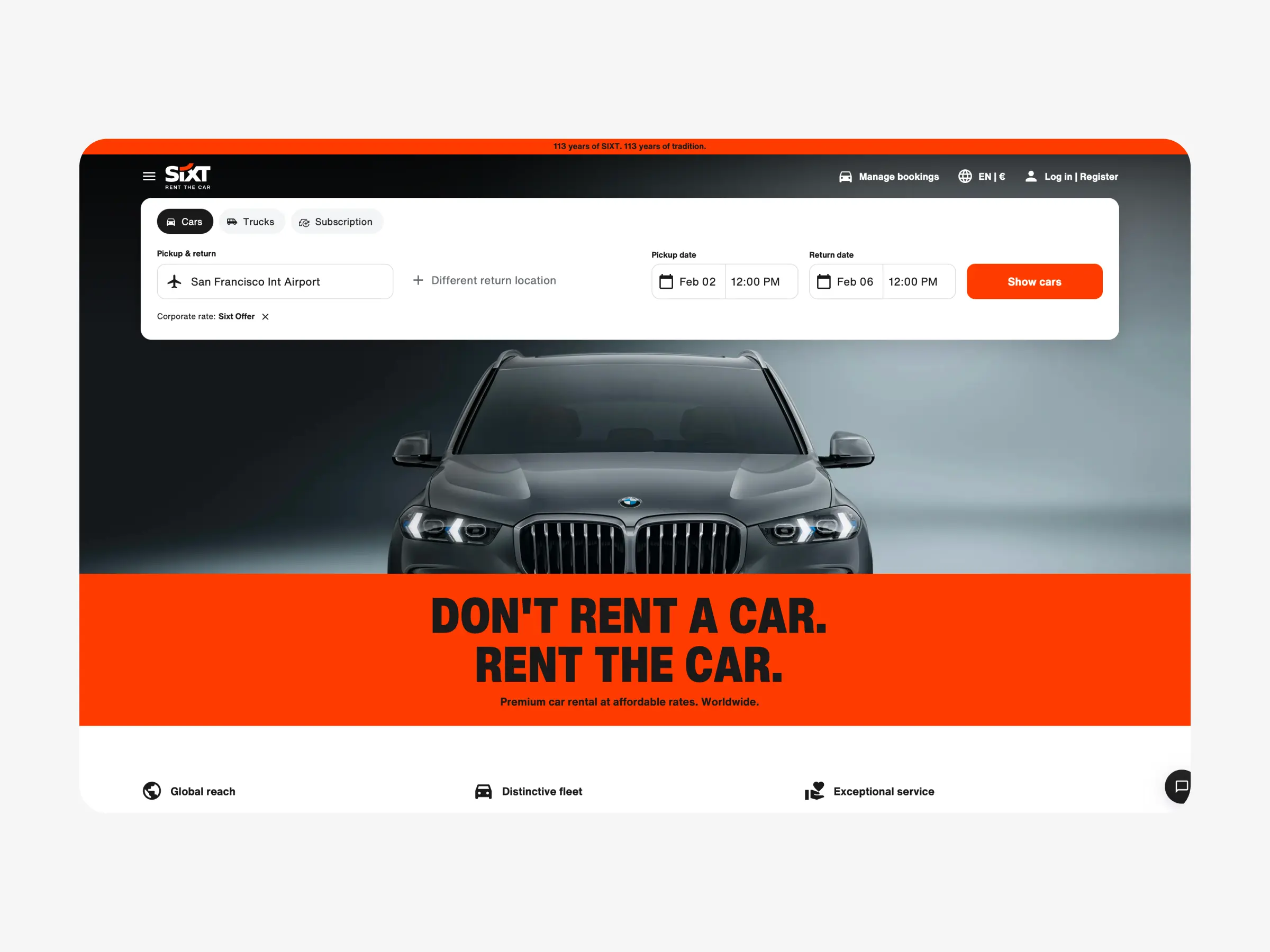 Sixt car rental website homepage with search form and vehicle booking interface