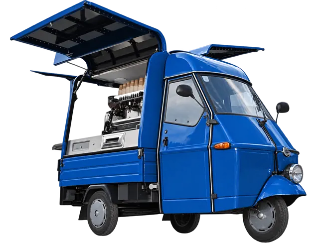 Die blaue WAFFU Ape mit geöffneter Kaffeebar und Siebträgermaschine