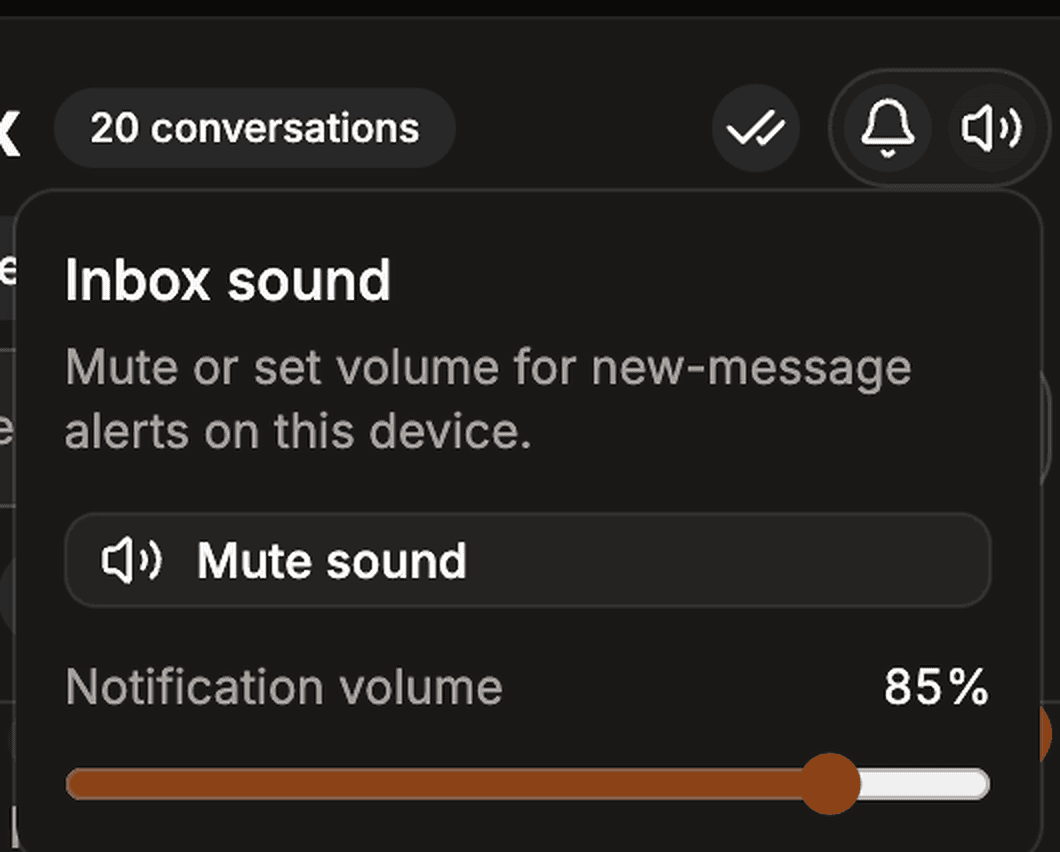 The Inbox sound popover reading Mute or set volume for new-message alerts on this device, with a Mute sound button and a notification volume slider at 85%.