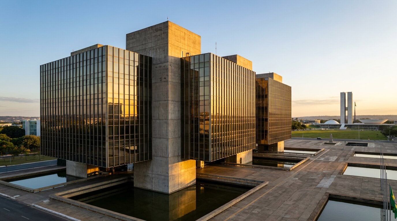 Fachada do edifício sede do Banco Central do Brasil em Brasília, sob luz natural, representando solidez e o ambiente de decisões econômicas e da taxa Selic.