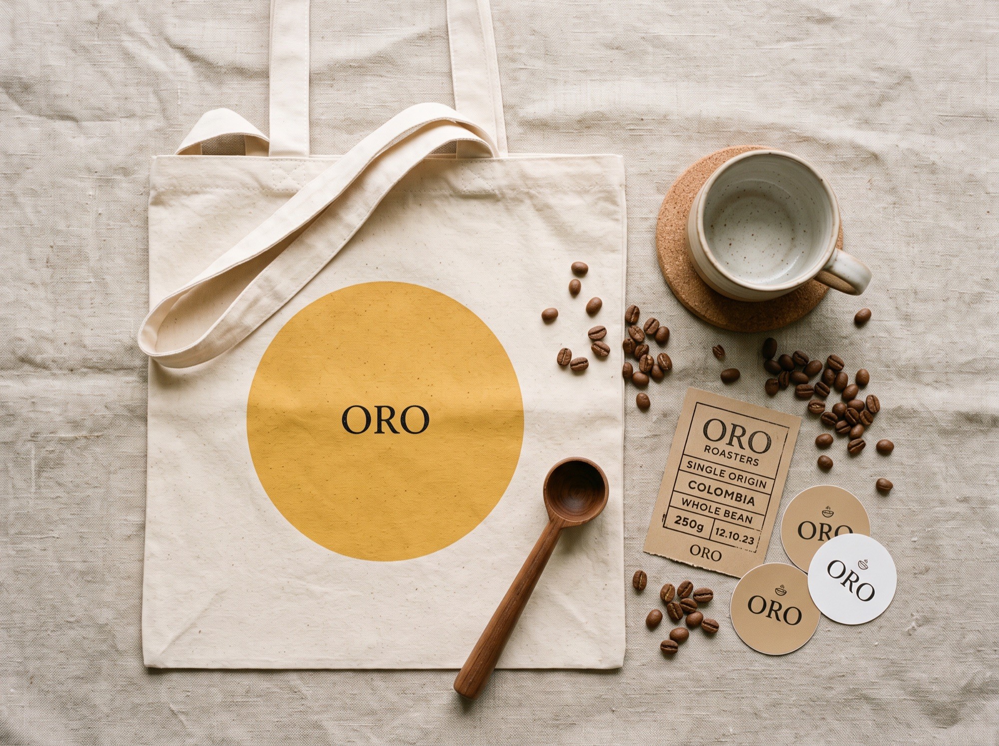 Oro tote bag, coffee cup, scoop of beans and branded stickers laid out on linen