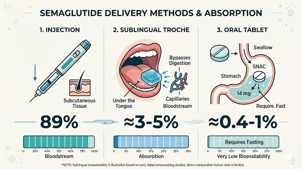 Semaglutide delivery methods comparison injection troche tablet