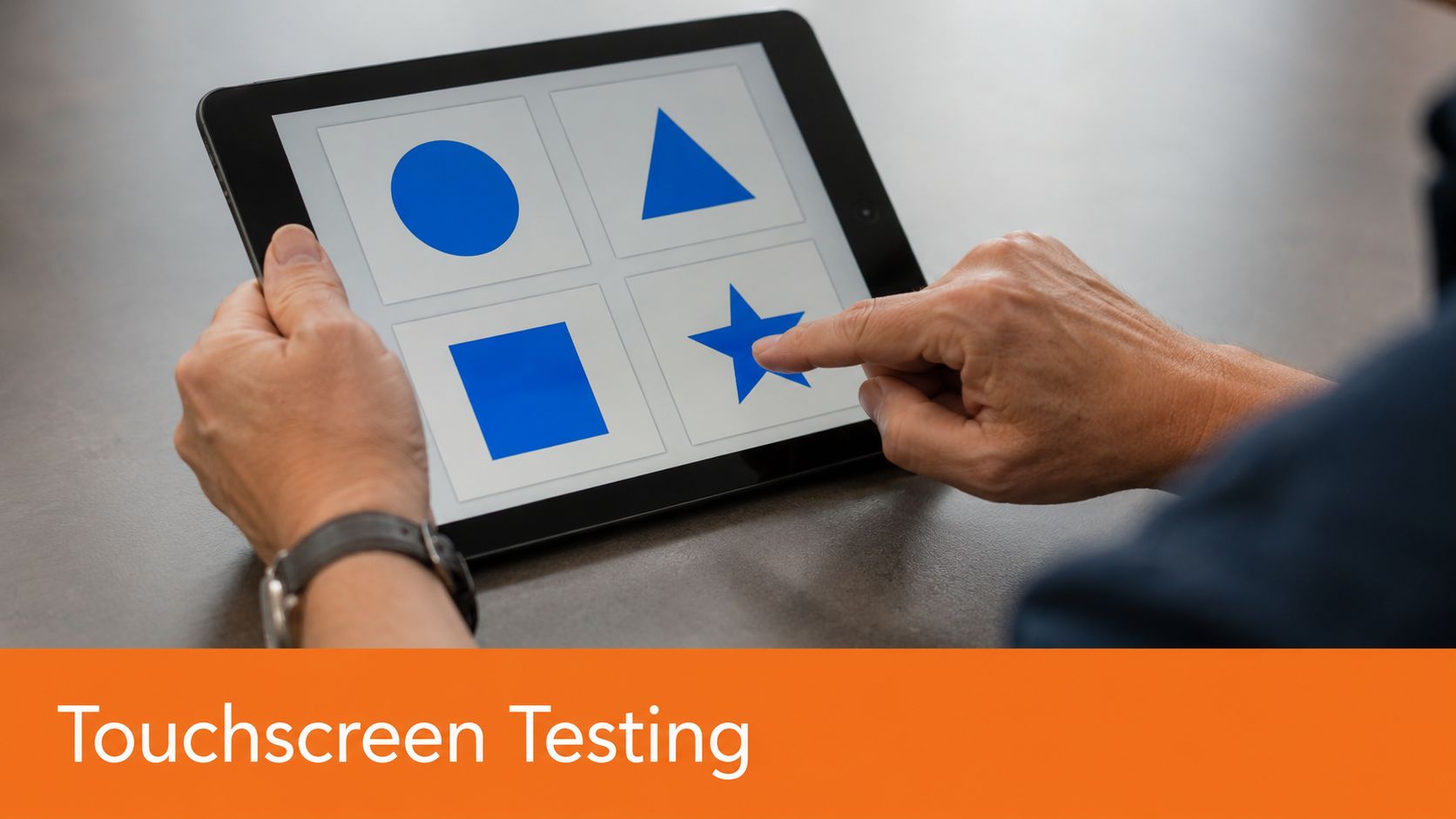 A person using a tablet to perform a digital cognitive assessment by touching a star shape on-screen.