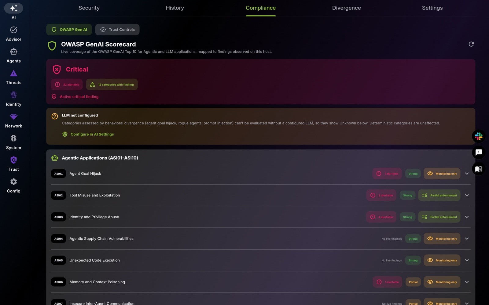 EDAMAME Security AI tab, Compliance subtab: the OWASP GenAI Scorecard listing ASI01 Agent Goal Hijack through ASI07 Insecure Inter-Agent Communication, each row with live alertable finding counts, a coverage grade and an enforcement status