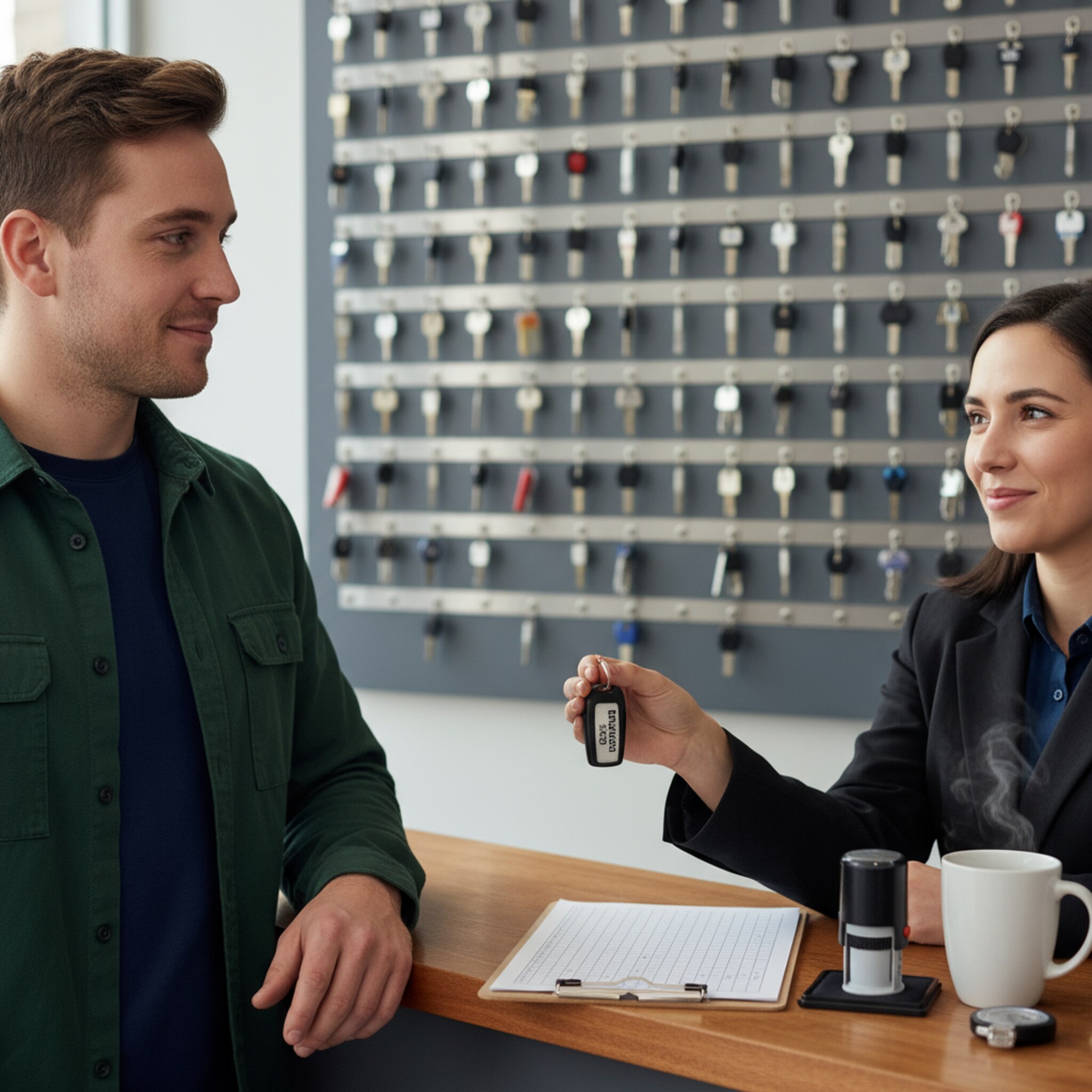 Ein Kunde übergibt am Servicecounter einen Autoschlüssel mit beschriftetem Anhänger. Dahinter hängt eine Tafel mit ordentlichen Haken voller Schlüssel. Auf dem Tresen liegen Inspektions-Checkliste und Stempel bereit. Eine Kaffeetasse dampft neben einem kleinen Reifenprofilmesser. Die Stimmung ist freundlich und fokussiert.