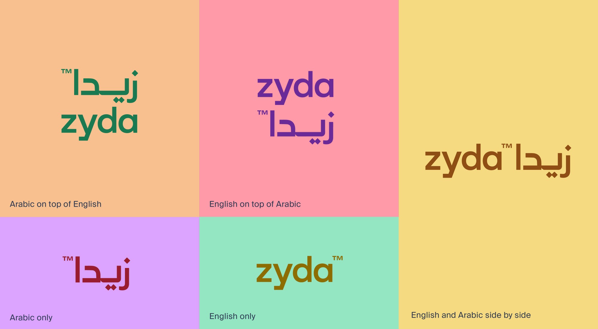seconary palette logo, Bilingual Arabic-English branding system for Zyda F&B platform in GCC market