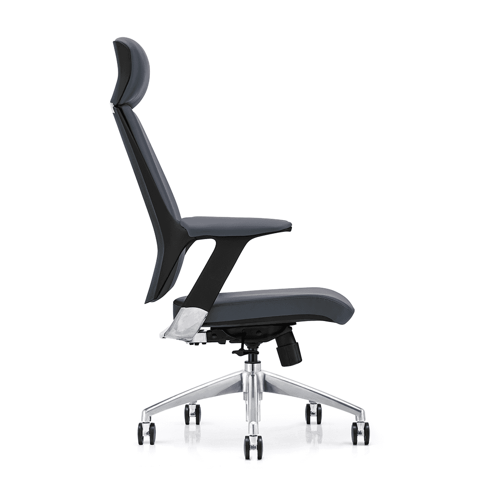 Side profile of a high-back executive office chair in slate grey leather with an ergonomic S-curve backrest and chrome-accented swivel base.