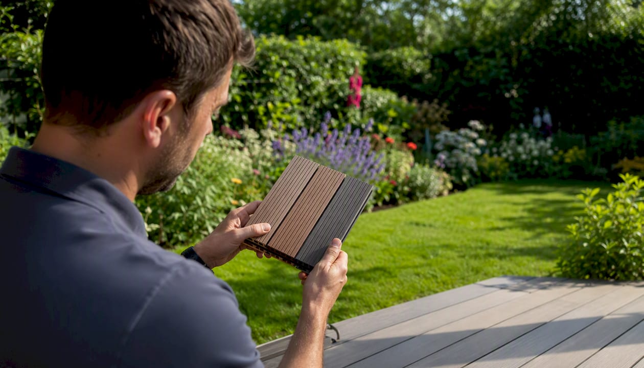 Hands inspecting composite decking sample outdoors