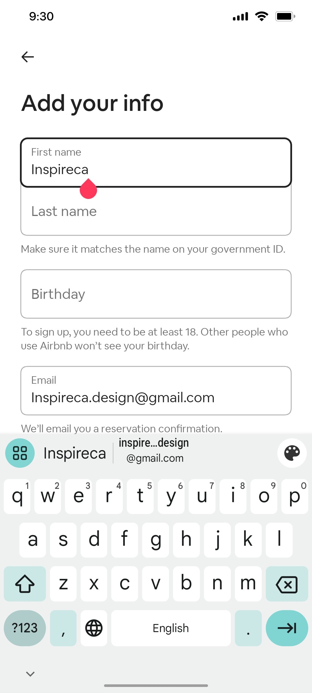 Airbnb Inter Onboarding Details screen