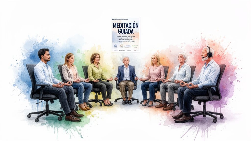 Grupo diverso de personas de diferentes edades meditando tranquilamente en sillas de oficina, con el título 'Meditación Guiada'.