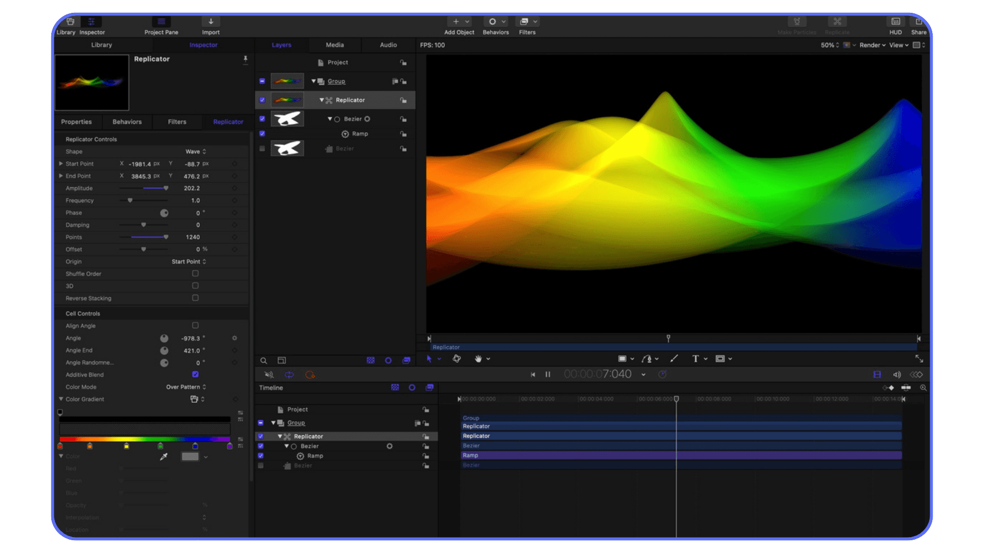 Apple Motion interface displaying colorful abstract motion graphics with real-time animation controls