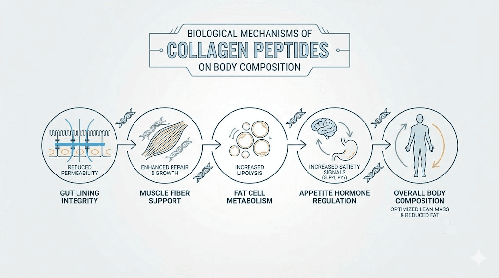 Scientific illustration showing five mechanisms through which collagen peptides influence body composition