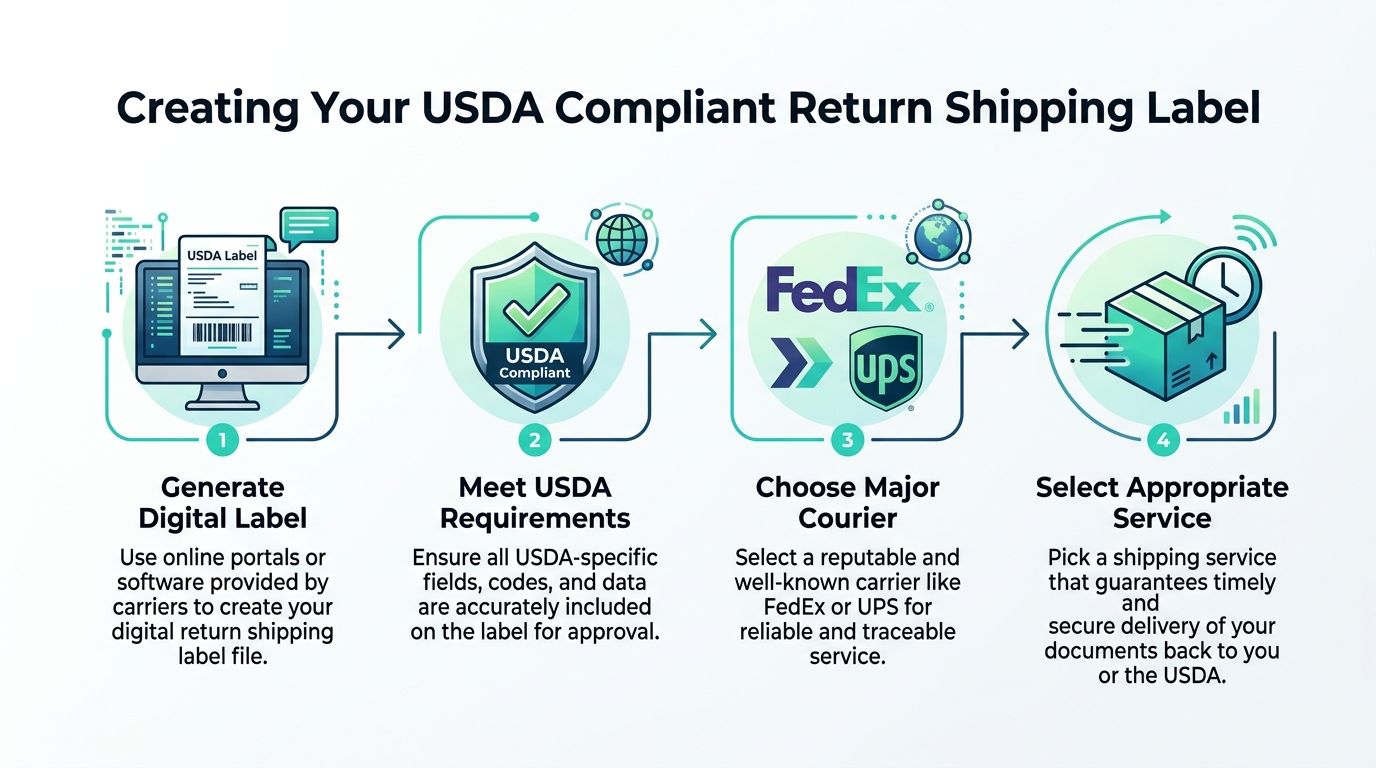 A four-step infographic illustrating the process of creating a USDA compliant return shipping label.