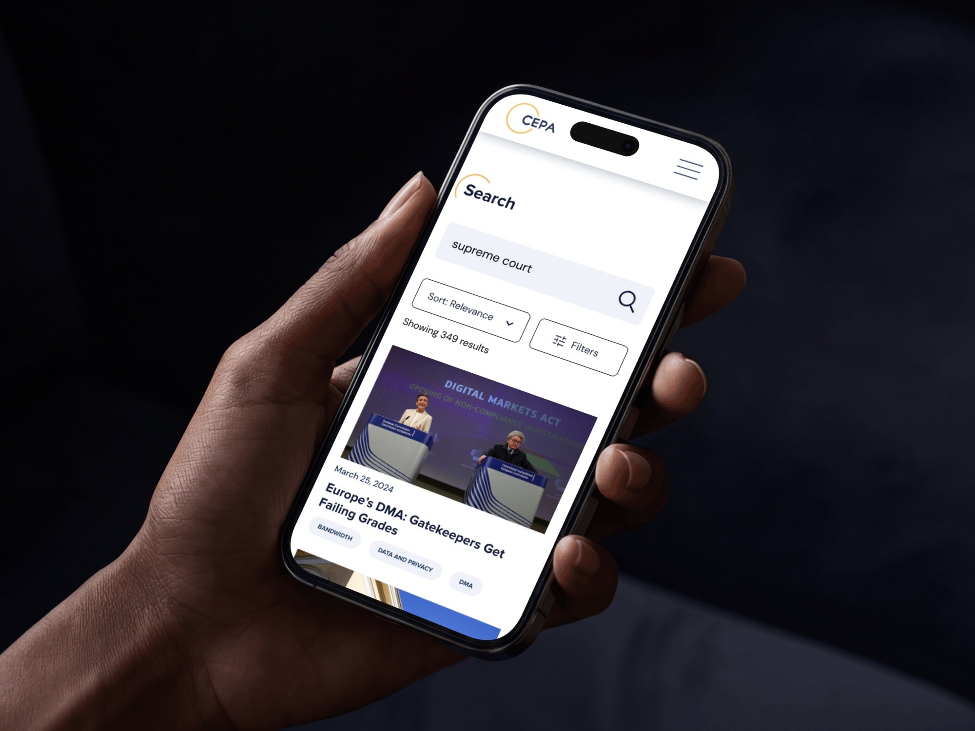 CEPA search on a phone showing 349 results for supreme court