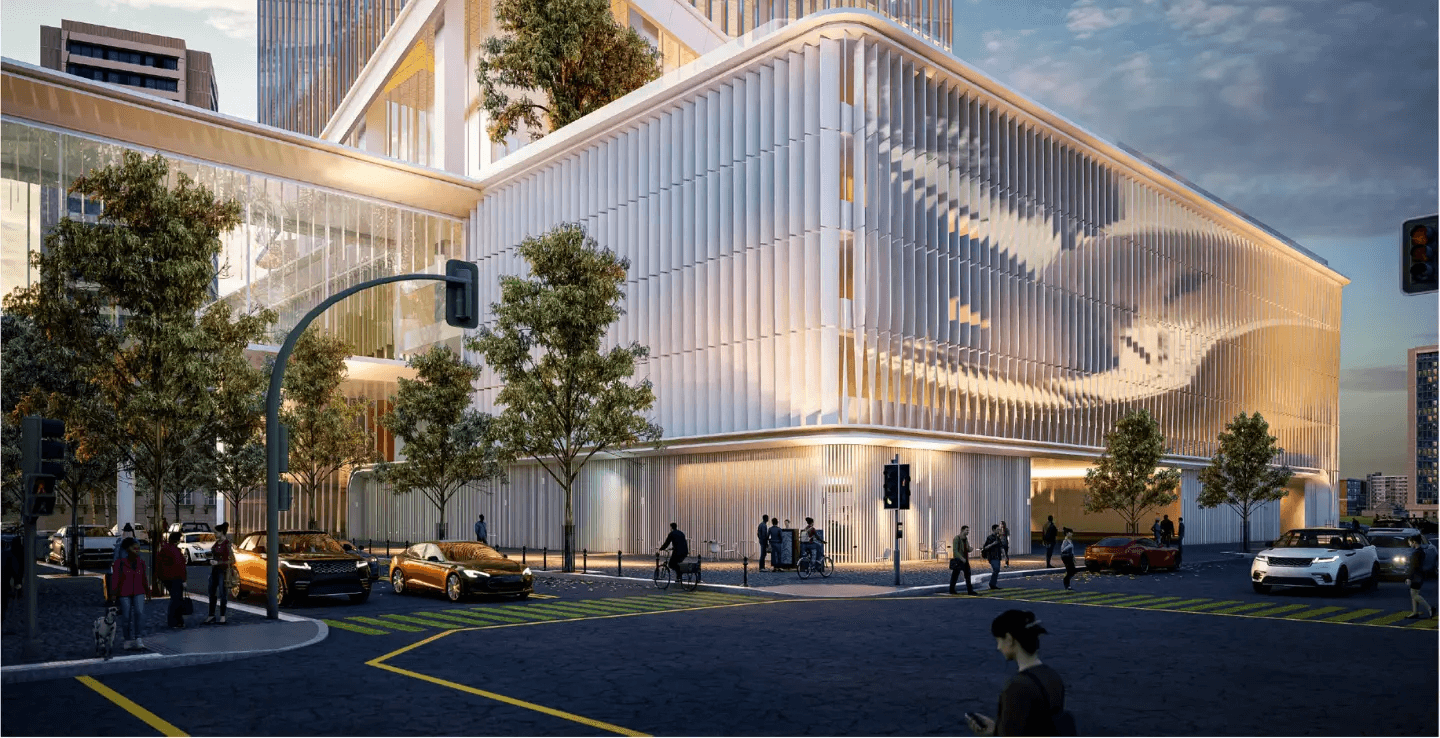 DIFC view from the roadway during sunset.