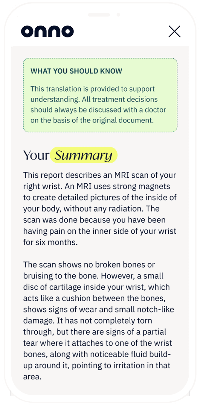 View of the summary of a medicalt document created by Simply Onno.