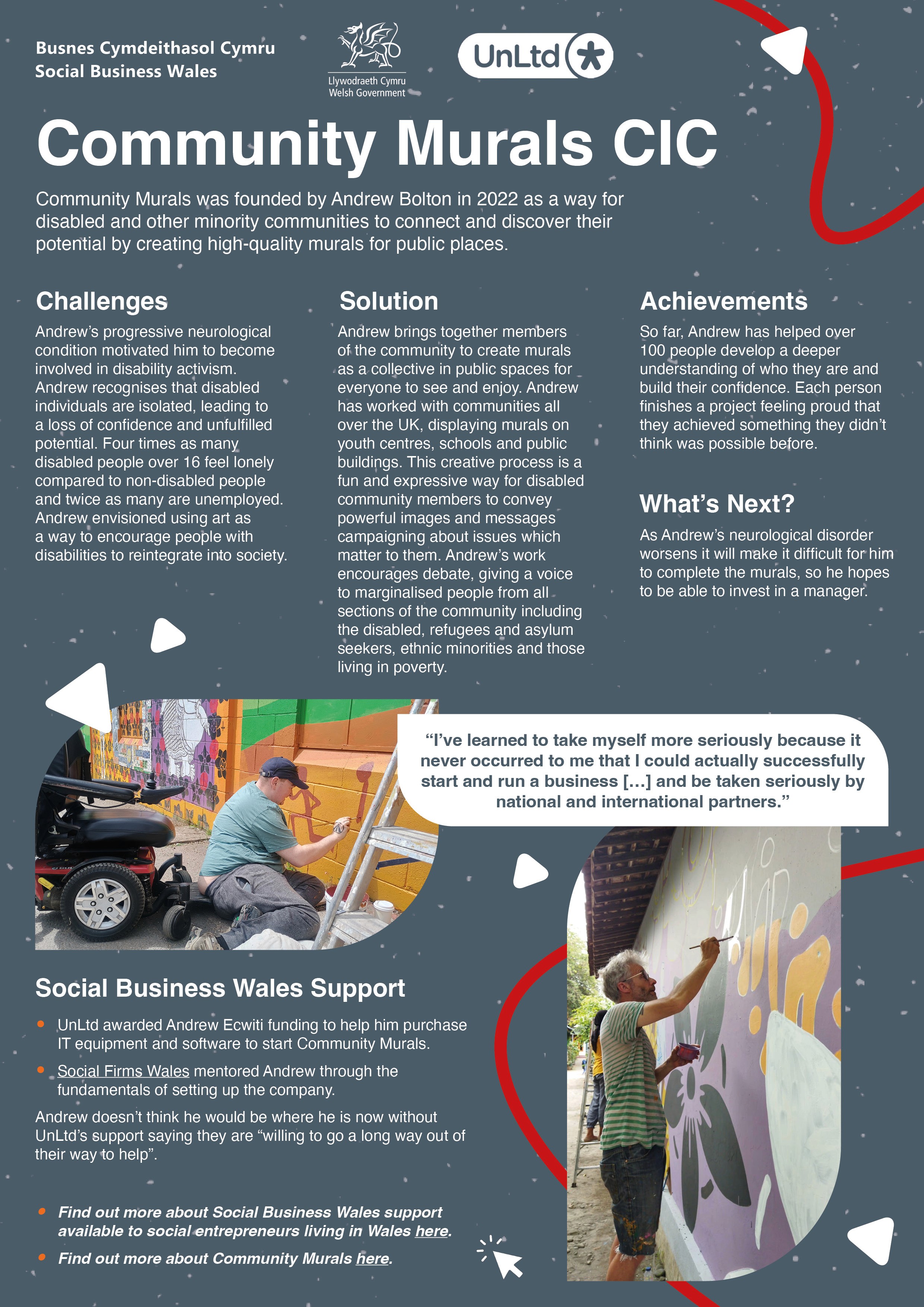 A mainly grey case study for UnLtd with accents of red swirling lines, columns of text and images of people painting murals on walls.