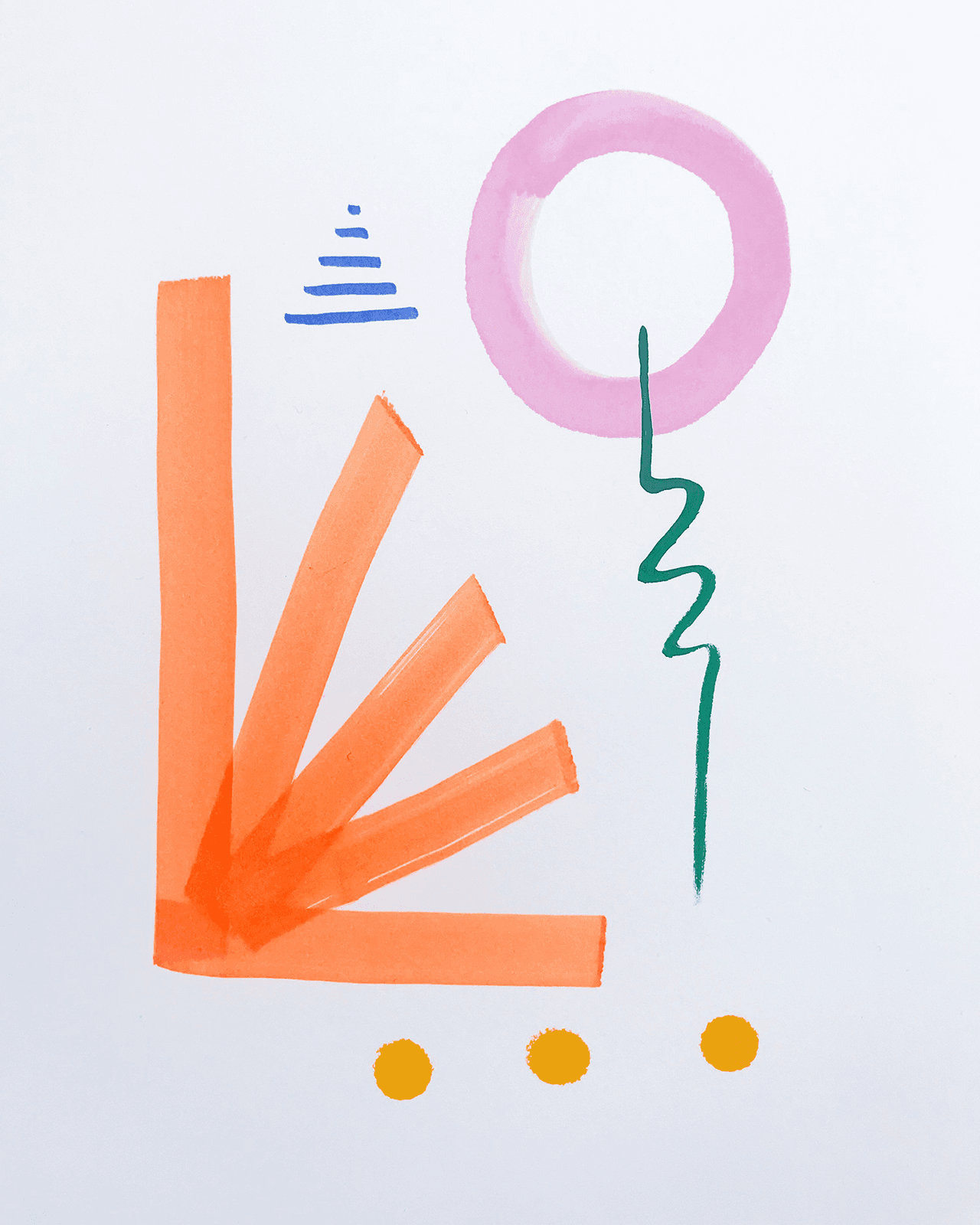 Visual haiku of neon-orange starburst, purple lines, light pink circle, forest green squiggle, and yellow dots