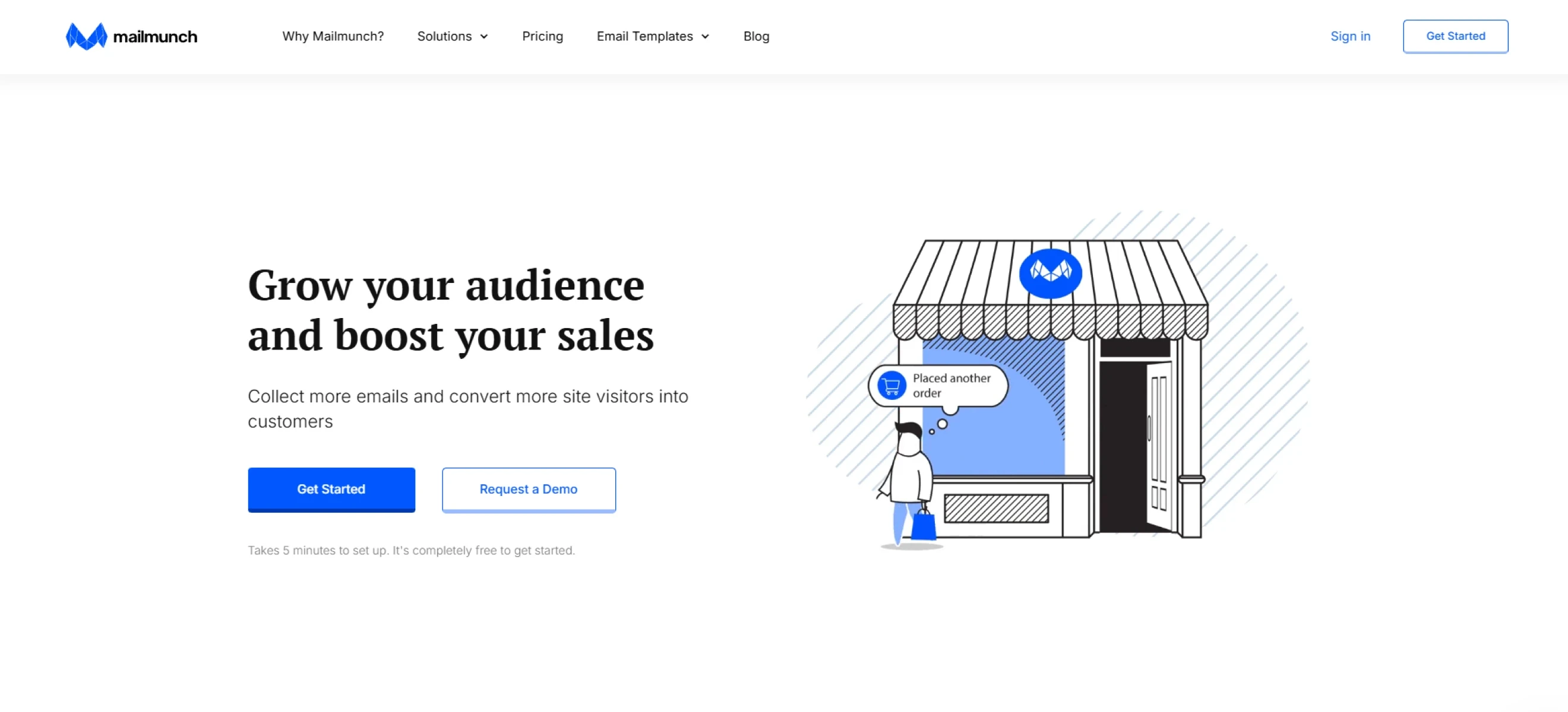 Mailmunch website hero section featuring the headline “Grow your audience and boost your sales”