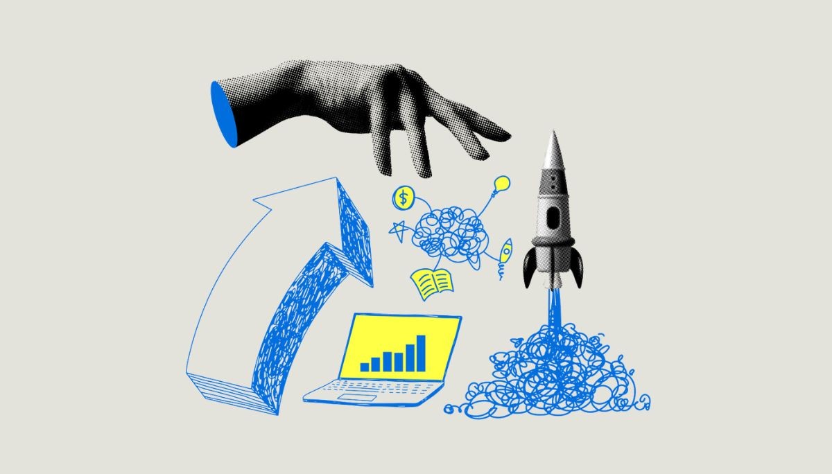 Stylized collage with arrow, bar graph, and rocket, representing types of startups.