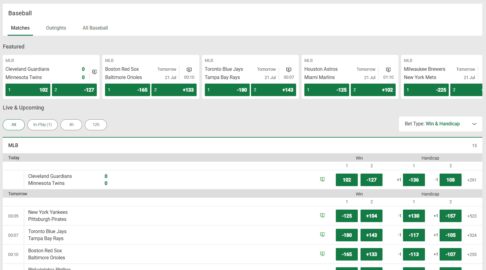 A sportsbook moneyline board showing teams with positive and negative odds