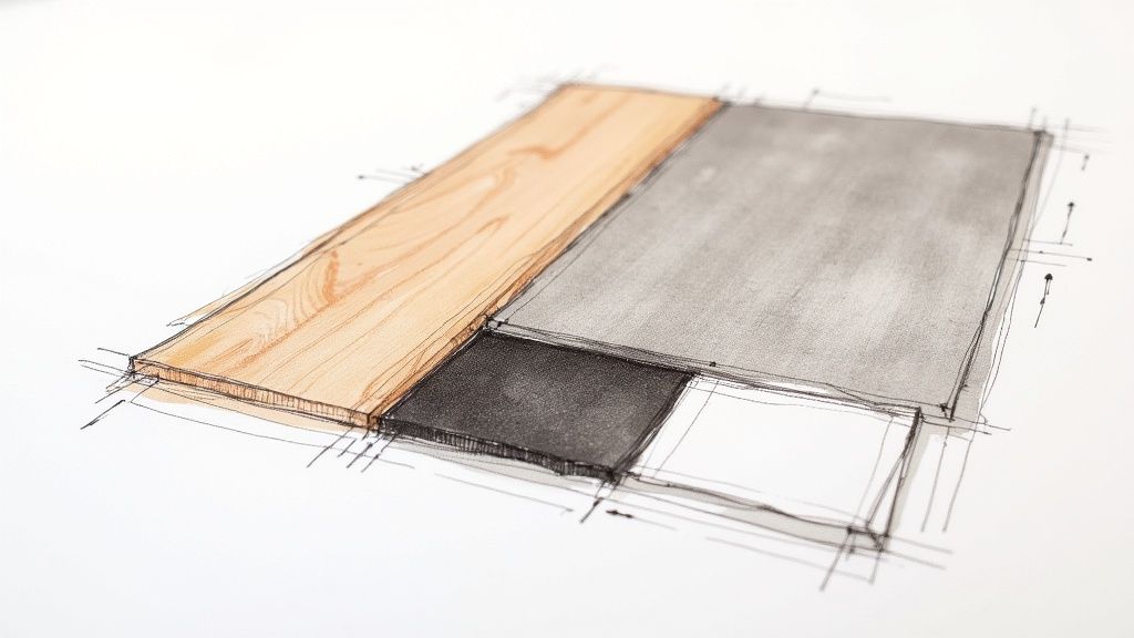 An architectural sketch illustrating various flooring materials like wood, concrete, and tile in a design concept.