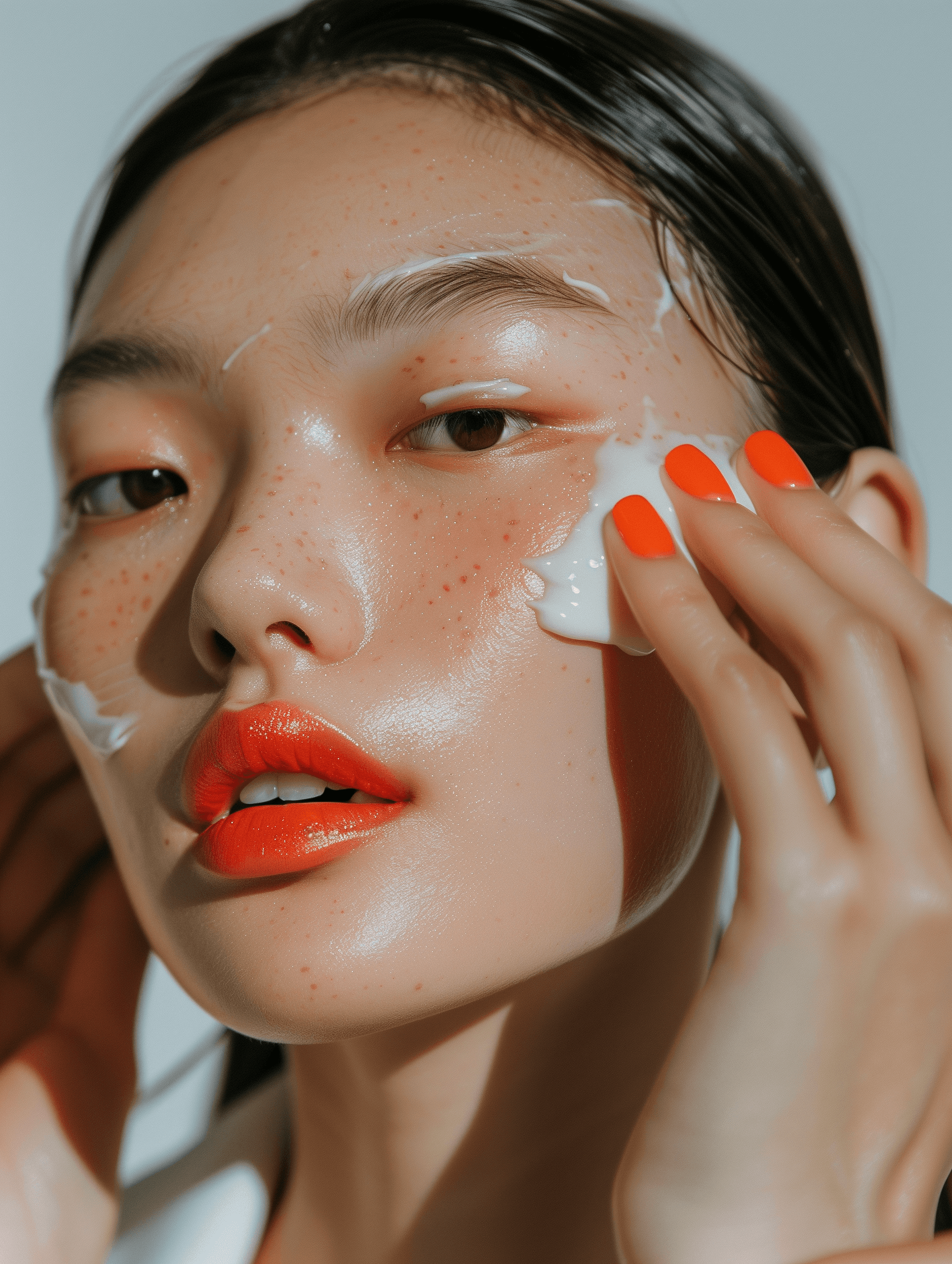 A close-up of a woman with bright orange lipstick and nails, applying a skincare product to her face, with a radiant glow and droplets of cream on her skin.